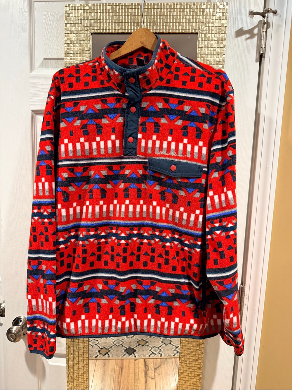 Eddie Bauer Red Patterned Snap-Button Fleece Pullover